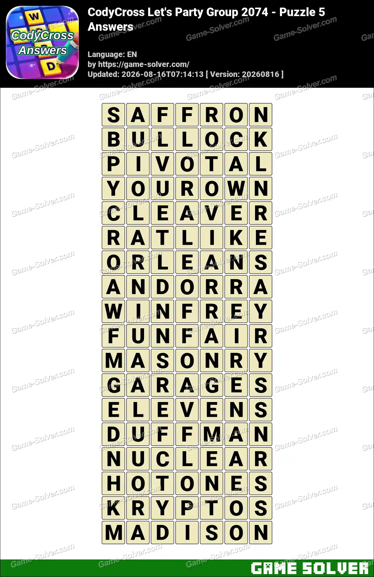 CodyCross Let’s Party Group 2074 – Puzzle 5 Answers